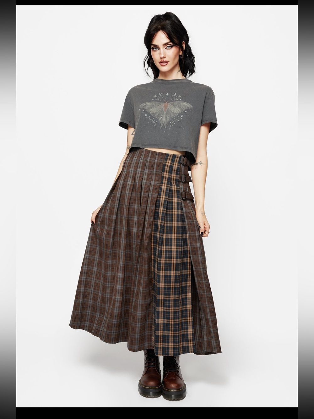 Disturbia Raven Pleated Plaid Check Buckle Maxi Skirt US 6 Gothic Grunge NWT